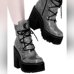 Killstar Silver Glitter Lace-Up Boots